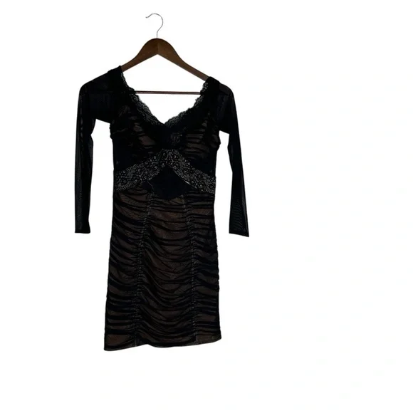 Self-Portrait Black Mesh Long Sleeve Dress SZ 4 - Picture 5 of 9